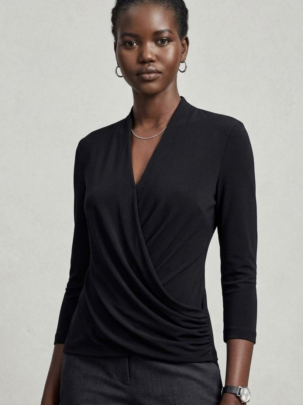 MM Lafleur Black Draped Wrap V-Neck Top Size S